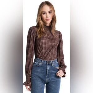 Nation LTD Brown Prim & Proper Plaid Smocked Neck Long Sleeve Top Size XS